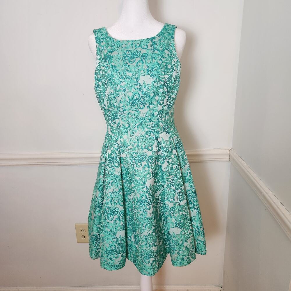 Yoana Baraschi Dress Sz 4 Womens Green Jaquard Floral Fit Flare Pockets Party